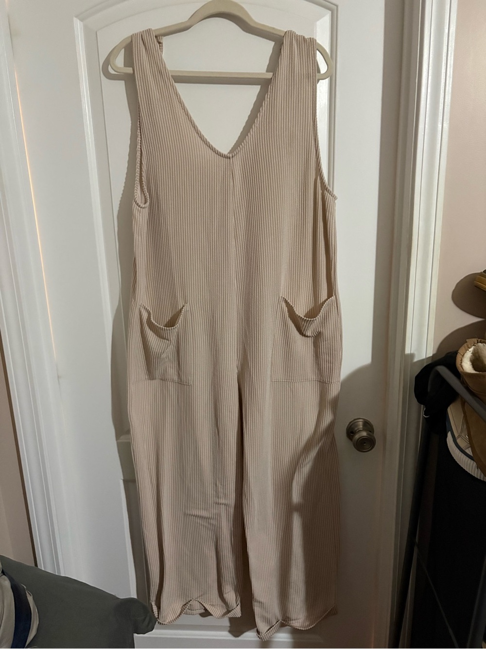 Women's Ribbed V-Neck Sleeveless Jumpsuit - Cream